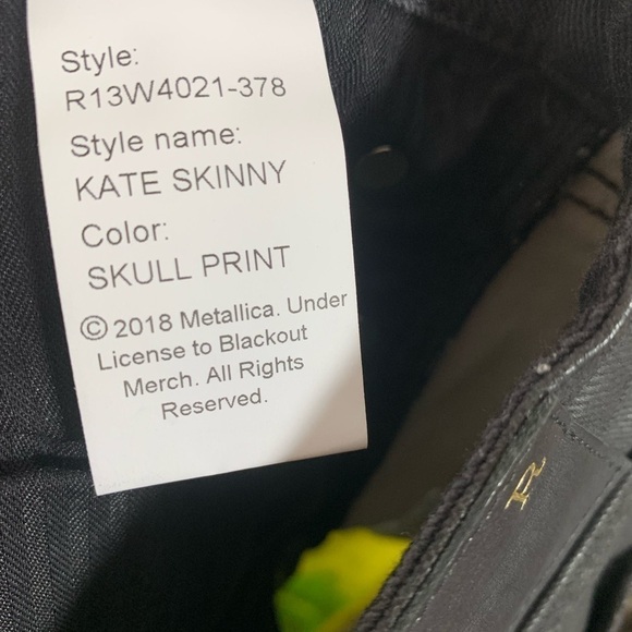 R13 Kate Low Rise Slim Straight Leg Limited Edition Metallica Jeans Size 27 - Picture 13 of 14